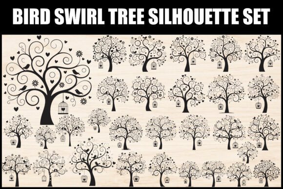 Bird Swirl Tree Silhouette Set: Graphics for Editorial Impact