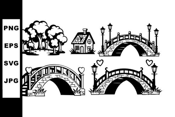 Black and White Vector Set of Trees Hous