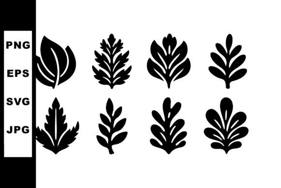 Black Leaf Silhouettes Vector Set of Eig: Graphics & Illustrations