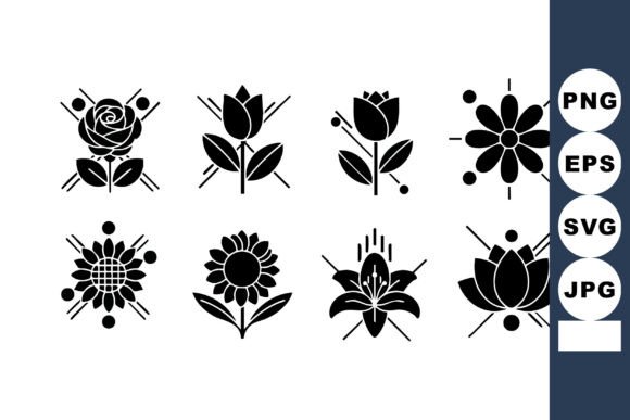Black Silhouette Flower Icons Set of Ros: Graphics & Illustrations
