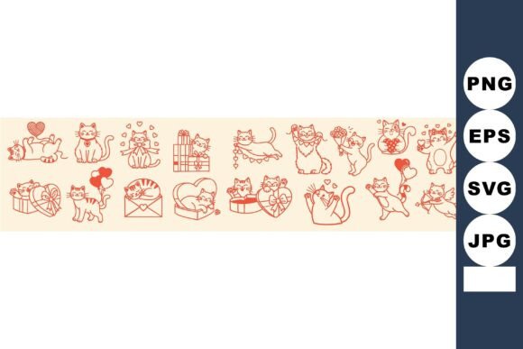 Playful Cats Valentine Line Art: Graphics & Illustrations